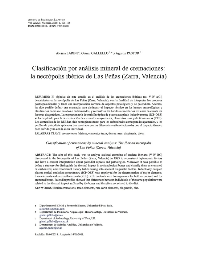 Clasificación por análisis mineral de cremaciones: la necrópolis ibérica de Las Peñas (Zarra, Valencia)