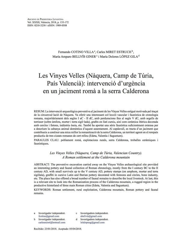 Les Vinyes Velles (Nàquera, Camp de Túria, País Valencià): interpretació d'urgència en un jaciment romà a la serra Calderona.