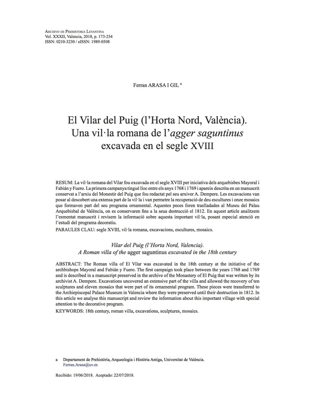 El Vilar del Puig (l'Horta Nord, València). Una vil·la romana de l'ager saguntinus excavada en el segle XVIII