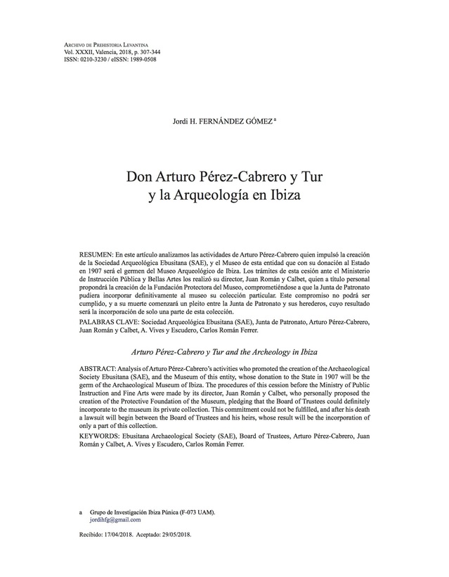 Don Arturo Pérez-Cabrero y Tur y la Arqueología en Ibiza.