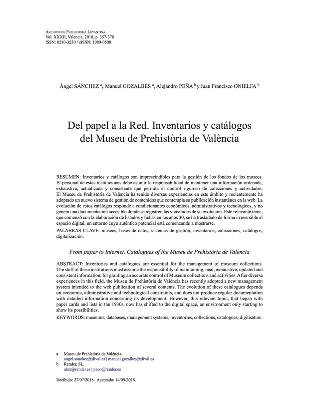 Del papel a la Red. Inventarios y catálogos del Museu de Prehistòria de València.