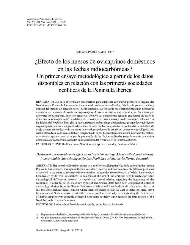 ¿Efecto de los huesos de ovicaprinos domésticos en las fechas radiocarbónicas? Un primer ensayo metodológico a partir de los datos disponibles en relación con las primeras sociedades neolíticas de la Península Ibérica
