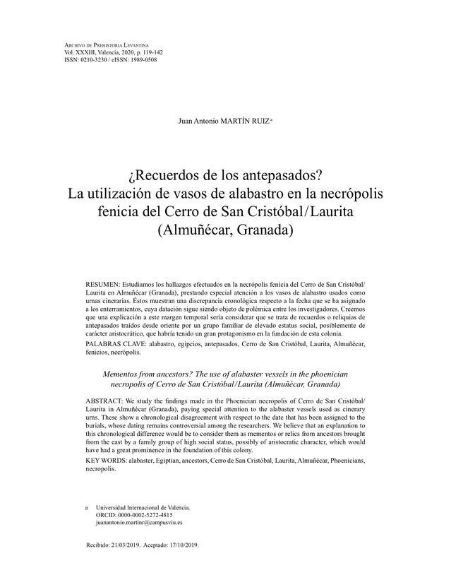 ¿Recuerdos de los antepasados? La utilización de vasos de alabastro en la necrópolis fenicia del Cerro de San Cristóbal / Laurita (Almuñécar, Granada)
