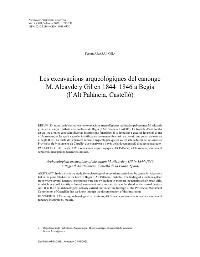 Les excavacions arqueològiques del canonge M. Alcayde y Gil en 1844 - 1846 a Begís (l’Alt Palància, Castelló)