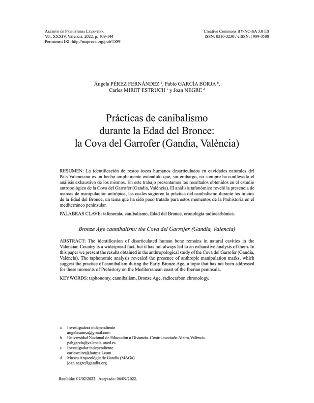 Prácticas de canibalismo durante la Edad del Bronce: la Cova del Garrofer (Gandia, València)