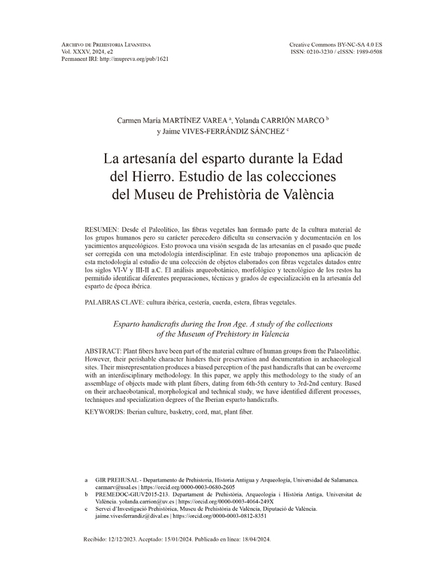 La artesanía del esparto durante la Edad del Hierro. Estudio de las colecciones del Museu de Prehistòria de València