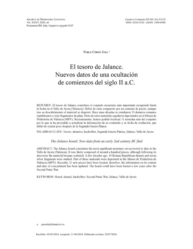 El tesoro de Jalance. Nuevos datos de una ocultación de comienzos del siglo II a.C.
