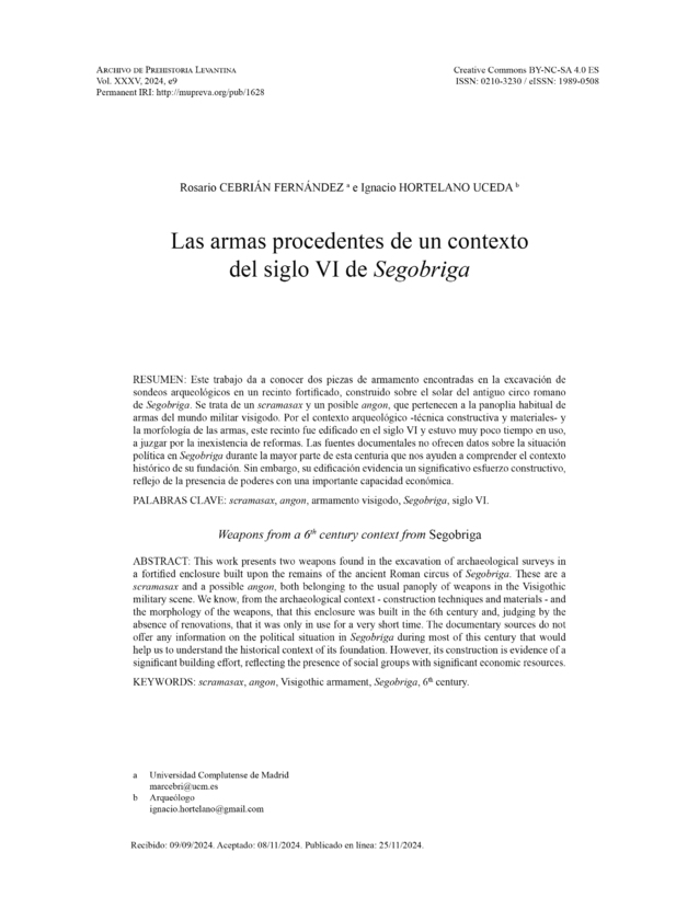Las armas procedentes de un contexto del siglo VI de Segobriga
