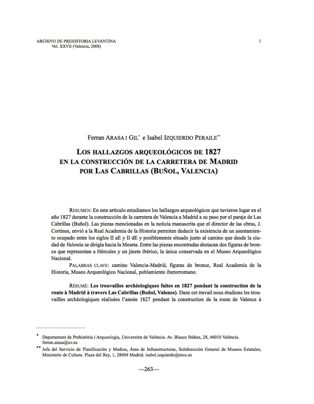 Los hallazgos arqueológicos de 1827 en la construcción de la carretera de Madrid por las Cabrillas (Buñol, Valencia)