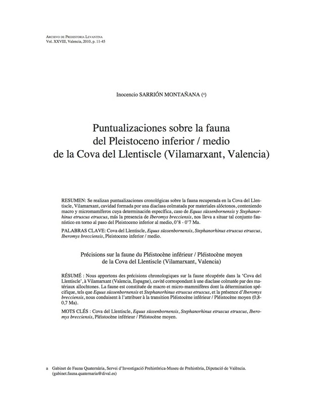 Puntualizaciones sobre la fauna del Pleistoceno inferior/medio de la Cova del Llentiscle (Vilamarxant, Valencia)