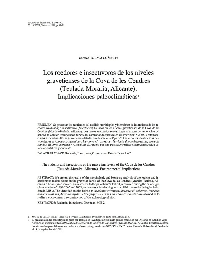 Los roedores e insectívoros de los niveles gravetienses de la Cova de les Cendres (Teulada - Moraira, Alicante). Implicaciones paleoclimáticas