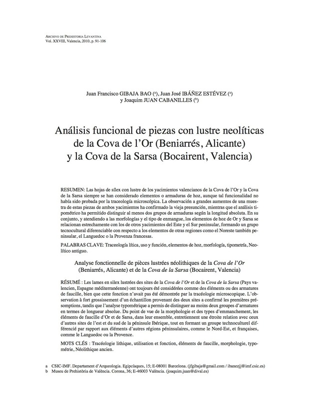 Análisis funcional de piezas con lustre neolíticas de la Cova de l’Or (Beniarrés, Alicante) y la Cova de la Sarsa (Bocairent, Valencia)