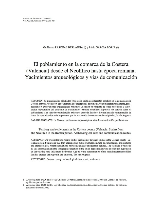 El poblamiento en la comarca de la Costera (Valencia) desde el Neolítico hasta época romana. Yacimientos arqueológicos y vías de comunicación