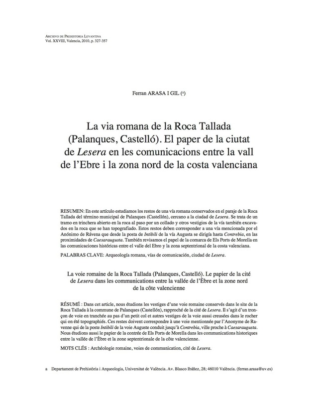 La via romana de la Roca Tallada (Palanques, Castelló). El paper de la ciutat de Lesera en les comunicacions entre la vall de l’Ebre i la zona nord de la costa valenciana