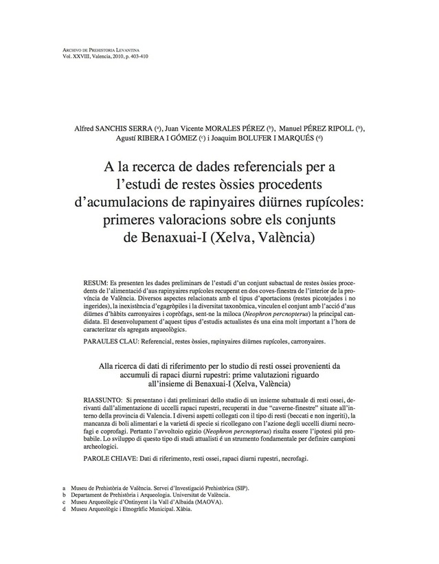 A la recerca de dades referencias per a l’estudi de restes òssies prodedents d’acumulacions de rapinyaires diürnes rupícoles: primeres valoracions sobre els conjunts de Benaxuai I (Xelva, València)