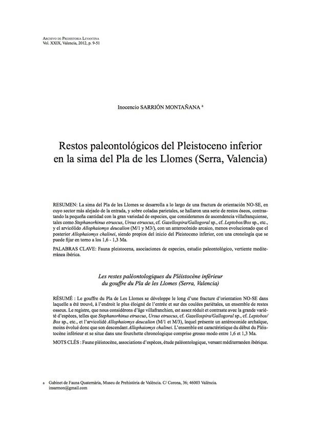 Restos paleontológicos del Pleistoceno inferior en la sima del Pla de les Llomes (Serra, Valencia)