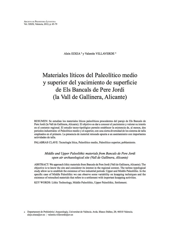 Materiales líticos del Paleolitico medio y superior del yacimiento de superficie de Els Bancals de Pere Jordi (la Vall de Gallinera, Alicante)