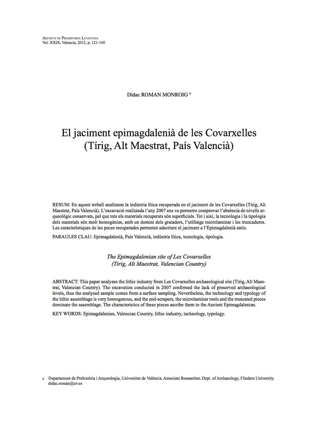 El jaciment epimagdalenià de les Covarxelles (Tírig, Alt Maestrat, País Valencià)