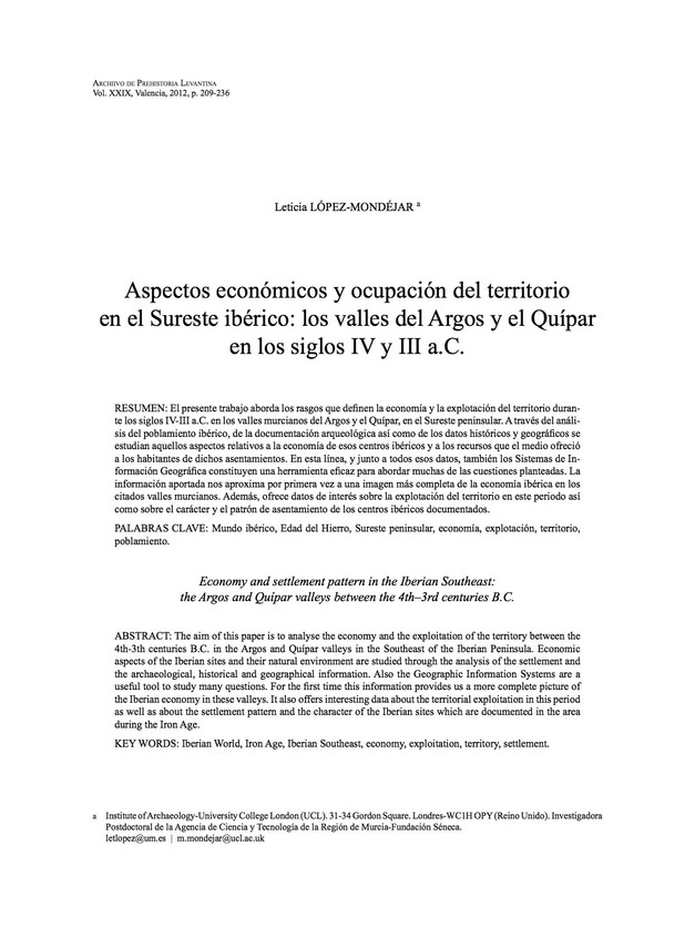 Economía y ocupación del territorio en el Sureste ibérico: los valles del Argos y el Quípar entre los siglos IV-III a.C
