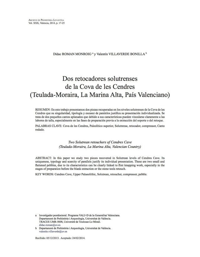 Dos retocadores solutrenses de la Cova de les Cendres (Teulada-Moraira, la Marina Alta, País Valenciano)