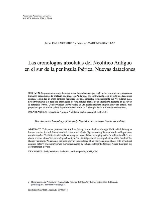Las cronologías absolutas del Neolítico Antiguo en el sur de la Península Ibérica . Nuevas dataciones