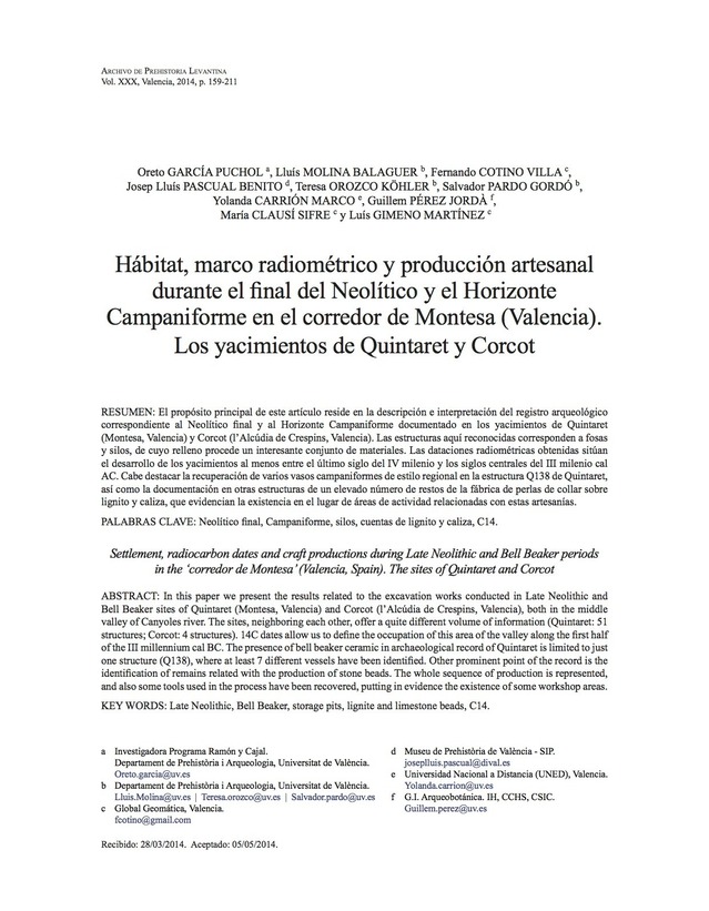 Hábitat, marco radiométrico y producción artesanal durante el final del Neolítico y el Horizonte Campaniforme en el corredor de Montesa (Valencia). Los yacimientos de Quintaret y Corcot