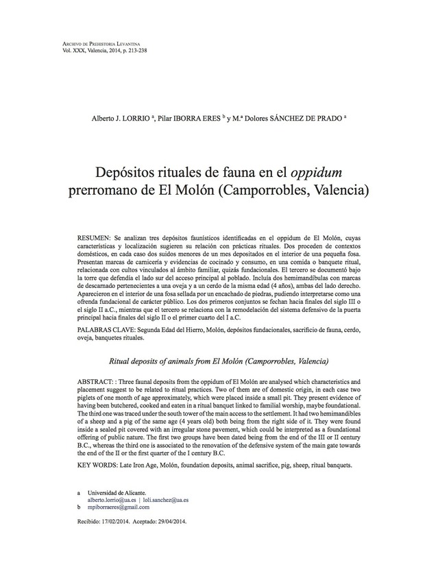 Depósitos rituales de fauna en el oppidum prerromano de El Molón (Camporrobles, Valencia)