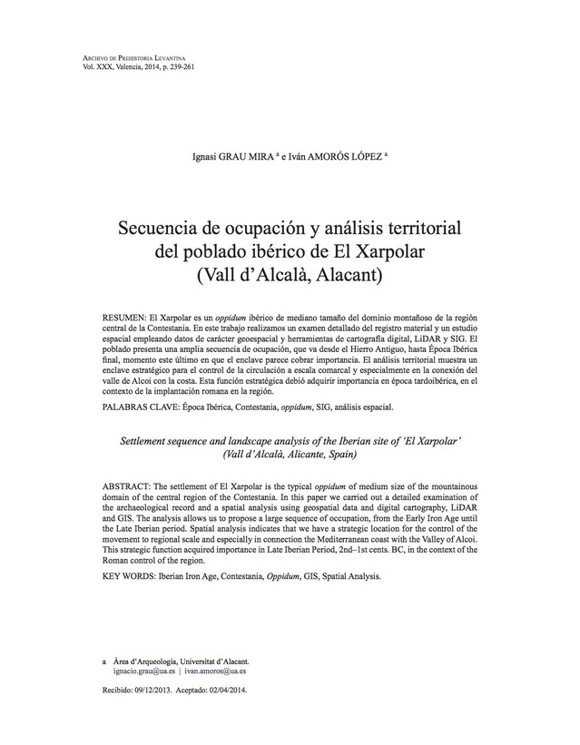 Secuencia de ocupación y análisis territorial del poblado ibérico de El Xarpolar (Vall d'Alcalà, Alacant)