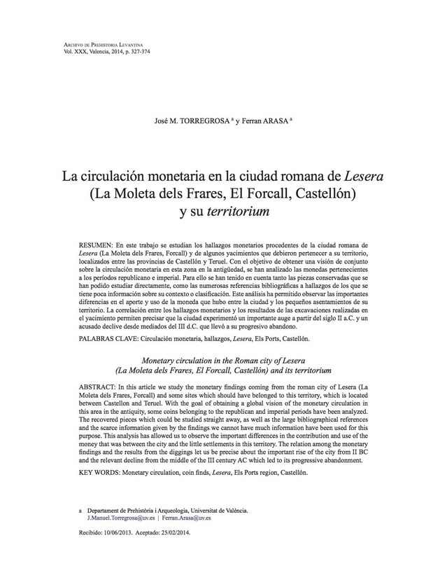 La circulación monetaria en la ciudad romana de Lesera (La Moleta dels Frares, El Forcall, Castellón) y su territorium
