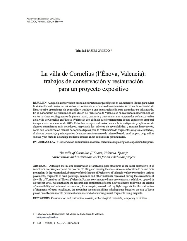 La villa de Cornelius (L'Ènova, Valencia): trabajos de conservación y restauración para un proyecto expositivo