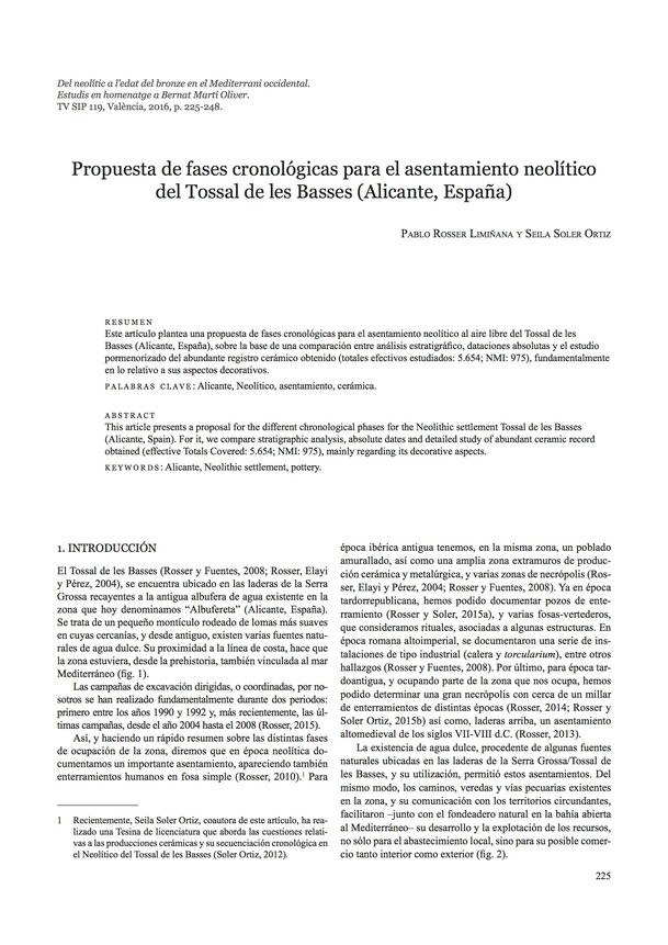 Propuesta de fases cronológicas para el asentamiento neolítico del Tossal de les Basses (Alicante, España).