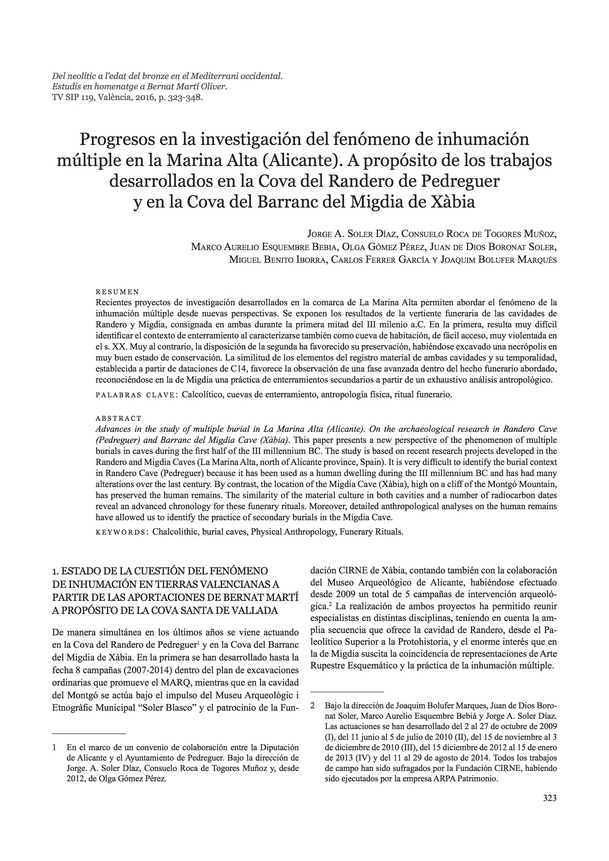 Progresos en la investigación del fenómeno de inhumación múltiple de la Marina Alta (Alicante). A propósito de los trabajos desarrollados en la Cova del Randero de Pedreguer y en la Cova del Barranc del Migdia de Xàbia.